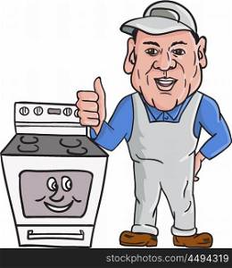 Illustration of an oven cleaner technician wearing hat and overalls thumbs up facing front with oven on the side set on isolated white background done in cartoon style. . Oven Cleaner With Oven Thumbs Up Cartoon