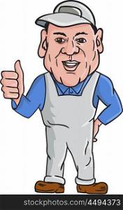 Illustration of an oven cleaner technician wearing hat and overalls with thumbs up facing front set on isolated white background done in cartoon style. . Oven Cleaner Technician Thumbs Up Cartoon