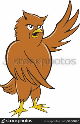 Illustration of an owl standing with wing pointing to the side set on isolated white background done in cartoon style.