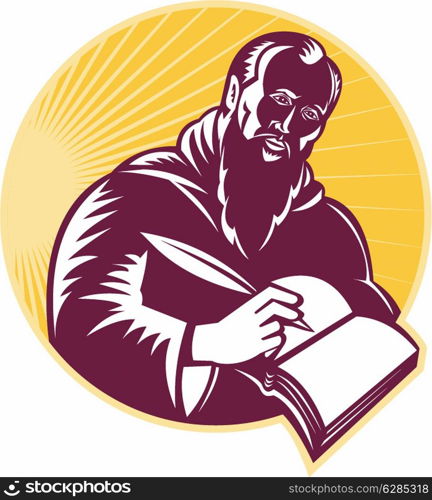 Illustration of an St. Jerome old male saint writing using quill pen on paper scroll viewed from side done in retro woodcut style.&#xA;