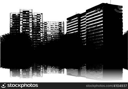 Illustration of an urban scene in black and white with vertical living