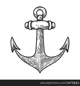 Illustration of anchor in engraving style on white background. Design elements for poster, t-shirt. Vector illustration.