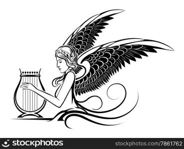 Illustration of ancient winged Muse playing on a harp. Isolated on white background.