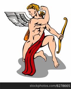 Illustration of angel cupid with bow done in retro style.