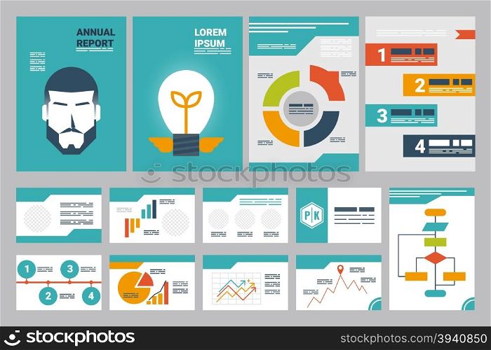 Illustration of annual report cover A4 sheet and presentation template and flat design icons elements, ideal for company information or infographic report