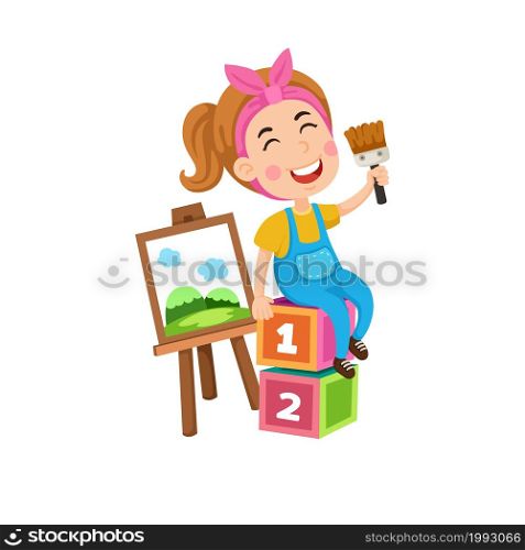 Illustration of artist girl painting on canvas vector