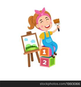 Illustration of artist girl painting on canvas vector