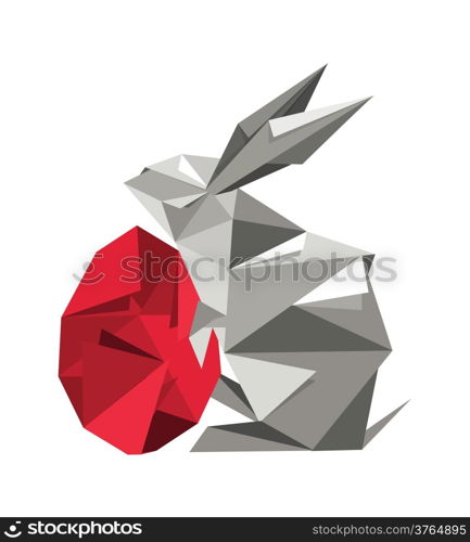 Illustration of artistic origami rabbit holding origami red egg