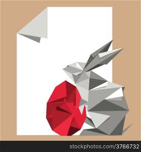 Illustration of artistic origami rabbit holding origami red egg