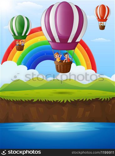 illustration of artoon kids inside a hot air balloon flying over a river