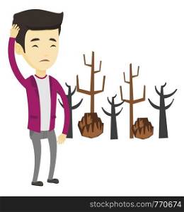 Illustration of asian man standing on the background dead forest caused by global warming or wildfire. Environmental destruction concept. Vector flat design illustration isolated on white background.. Forest destroyed by fire or global warming.