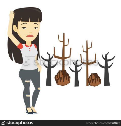 Illustration of asian woman standing on the background dead forest caused by global warming or wildfire. Environmental destruction concept. Vector flat design illustration isolated on white background. Forest destroyed by fire or global warming.