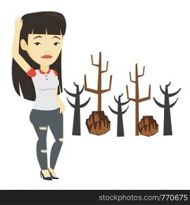 Illustration of asian woman standing on the background dead forest caused by global warming or wildfire. Environmental destruction concept. Vector flat design illustration isolated on white background. Forest destroyed by fire or global warming.