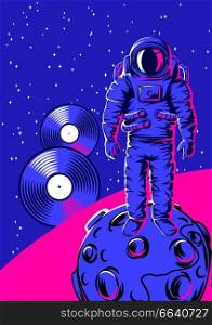 Illustration of astronaut on moon. Rock and roll or disco music print. Rock festival poster.. Illustration of astronaut on moon.