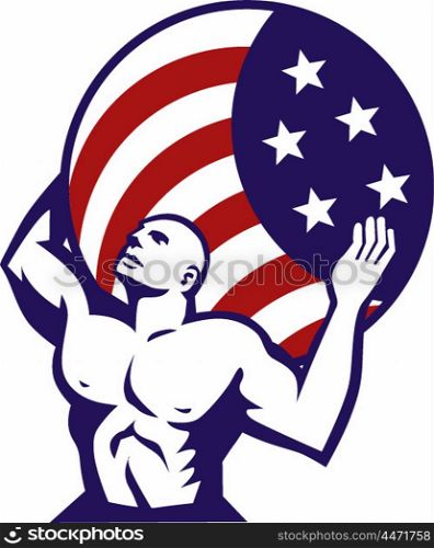 Illustration of Atlas looking up carrying on his back globe world earth draped with usa american stars and stripes flag viewed from front set on isolated white background done in retro style. . Atlas Carrying Globe USA Flag Retro