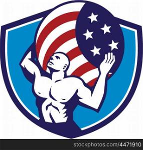 Illustration of Atlas looking up carrying on his back globe world earth draped with usa american stars and stripes flag viewed from front set inside crest shield on isolated background done in retro style. . Atlas Carrying Globe USA Flag Crest Retro