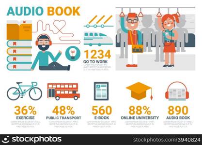 Illustration of audio book infographic concept with icons and elements