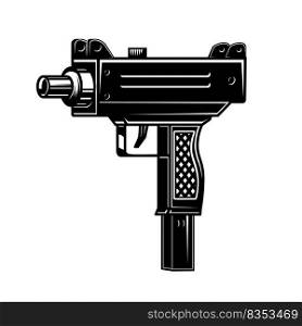Illustration of automatic uzi handgun in monochrome style. Design element for logo, label, sign, poster. Vector illustration