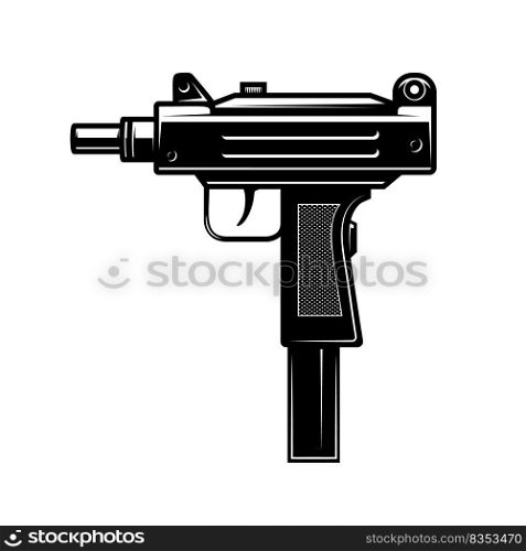 Illustration of automatic uzi handgun in monochrome style. Design element for logo, label, sign, poster. Vector illustration