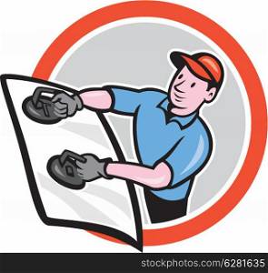Illustration of automotive glass installer carrying windshield viewed from front set inside circle on isolated background done in cartoon style.. Automotive Glass Installer Front Circle Cartoon