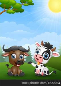illustration of Baby buffalo and baby cow cartoon in the jungle