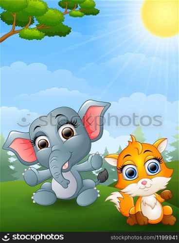 illustration of Baby elephant and baby fox cartoon in the jungle