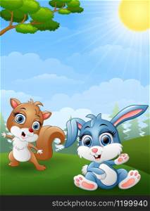 illustration of Baby squirrel and baby rabbit cartoon in the jungle