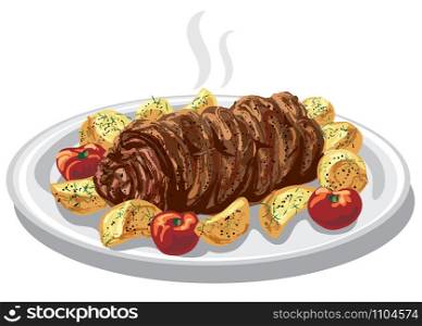 illustration of baked meat roulade with fried potatoes. baked meat roulade