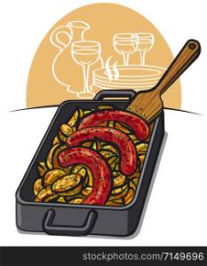 illustration of baked potato with hot grilled sausages. potato with sausages