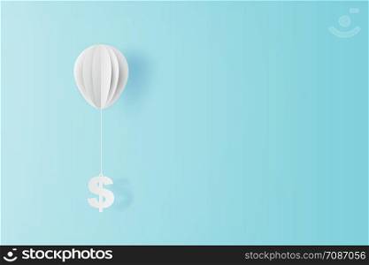 illustration of balloon fly with dollar sign on blue sky. Business and management concept idea.Creative design paper cut and craft style scene for your text.By pastel color.Financial exchange.vector