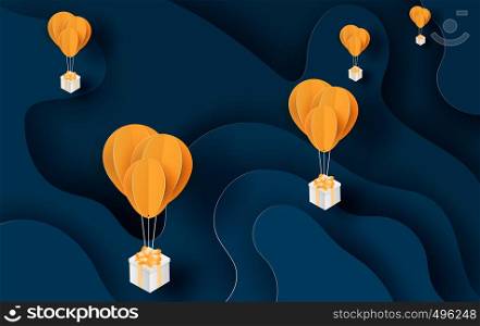illustration of balloon yellow floating and Gift Box on in the air night blue sky.Your text space background vector.Festival decorations for card and cover concept.Paper cut and craft.Christmas.vector