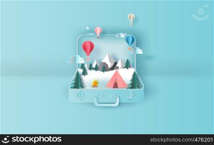 illustration of balloons floating Travel holiday tent camping trip winter suitcase concept.Graphic for snowfall winter season paper cut and craft style.Creative design idea for Christmas day. vector.