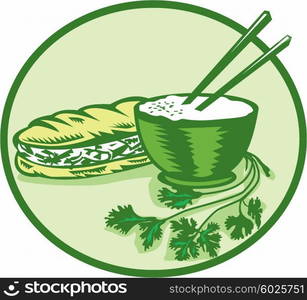 Illustration of banh mi rice bowl with chopstick coriander and meat-filled sandwich on the side set inside circle on isolated background done in retro style.