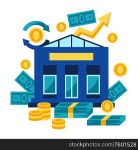 Illustration of bank and money. Banking concept with finance items.. Illustration of bank and money.