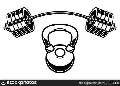 Illustration of barbell and kettlebell in engraving style. Design element for logo, emblem, sign, poster, card, banner. Vector illustration