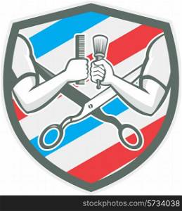 Illustration of barber hands one holding comb and the ohter hand holding brush with scissors and barber pole strips stripes in the background set inside shield crest done in retro style. . Barber Hand Comb Brush Scissors Shield Retro