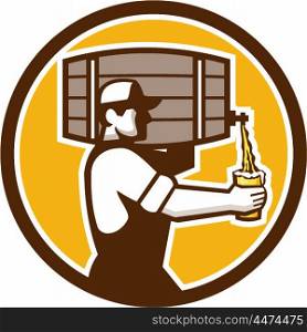 Illustration of bartender carrying keg on shoulder pouring beer from keg viewed from the side set inside circle done in retro style. . Bartender Carrying Keg Pouring Beer Circle Retro