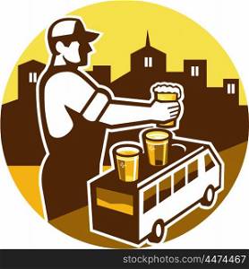 Illustration of bartender holding beer with beer flight on top of van and cityscape buildings in the background viewed from the side set inside circle done in retro style. . Bartender Beer City Van Circle Retro