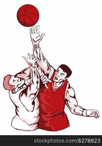 Illustration of basketball players rebounding for ball in retro style.