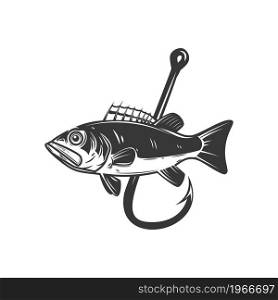 Illustration of bass and fishing hook. Design element for poster,card, banner, sign, emblem. Vector illustration