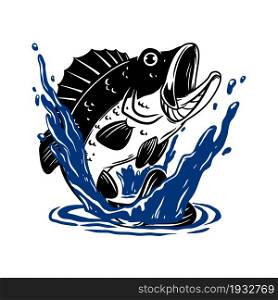 Illustration of bass fish in water. Design element for poster, card, banner, t shirt, logo. Vector illustration