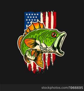 Illustration of bass fish of background of usa flag in grunge style. Design element for poster,card, banner, sign, emblem. Vector illustration
