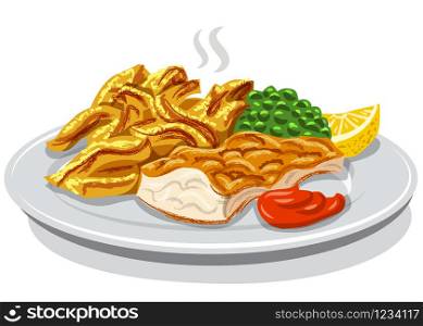 illustration of battered fish and chips with lemon and sauce on plate. fish and chips