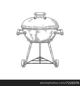 Illustration of bbq grill in engraving style isolated on white background. Design element for poster, card, banner, sign, emblem. Vector image