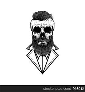 Illustration of bearded hipster skull in vintage monochrome style. Design element for logo, emblem, sign, poster, card, banner. Vector illustration