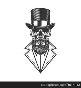 Illustration of bearded hipster skull in vintage monochrome style. Design element for logo, emblem, sign, poster, card, banner. Vector illustration