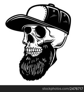 Illustration of bearded skull in baseball cap. Design element for logo, label, sign, poster. Vector illustration