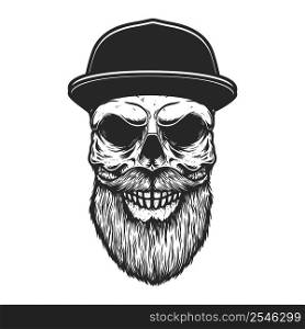 Illustration of bearded skull in baseball cap. Design element for logo, label, sign, poster. Vector illustration