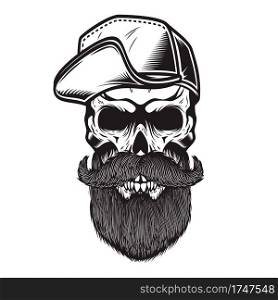 Illustration of bearded skull in baseball cap in engraving style. Design element for logo, emblem, sign, poster, card, banner. Vector illustration
