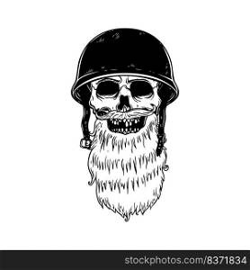 Illustration of bearded skull in racer helmet. Design element for logo, label, sign, emblem. Vector illustration